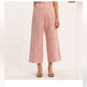 Elie Tahari Soft Dusty Pink Embroidered Botanical Wide Leg Linen Blend Cropped P